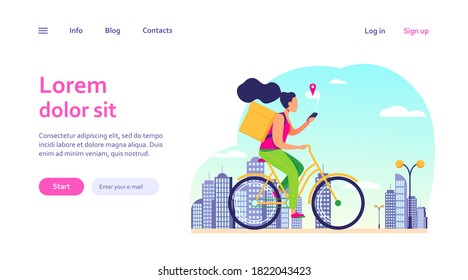 Courier riding bike and checking address on phone. Woman delivering order, using cell with map flat vector illustration. Delivery service concept for banner, website design or landing web page