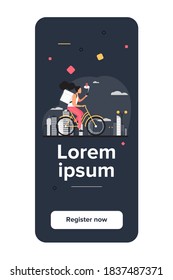 Courier riding bike and checking address on phone. Woman delivering order, using cell with map flat vector illustration. Delivery service concept for banner, website design or landing web page