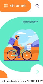 Courier riding bike with parcels. Man on bicycle carrying boxes in cart and backpack flat vector illustration. Delivery service, job concept for banner, website design or landing web page