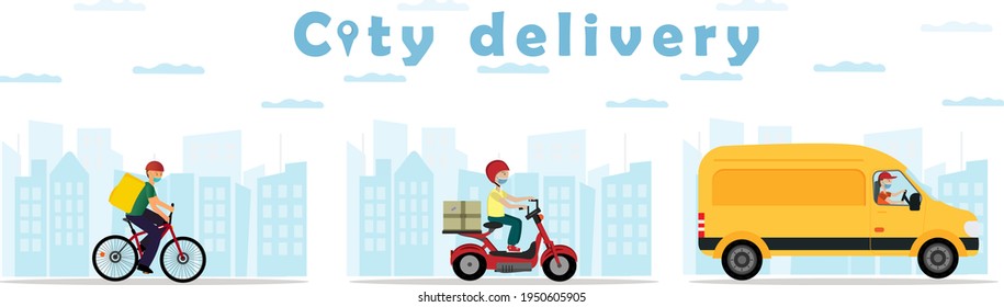 Courier riding a bike, scooter, car, delivery service concept, set of mode of transport, flat vector illustration