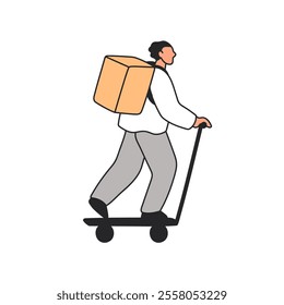 Courier riding kick scooter, carrying box, packagee. Deliveryman from delivery service on vehicle, profile. Transporting parcel, bag, package. Flat vector illustration isolated on white background