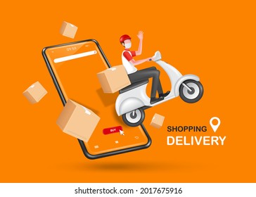 The courier is riding a motorcycle or scooter. float out of the smartphone And there are parcel boxes floating in the air around the smartphone for delivery and shopping online concept,vector 3d