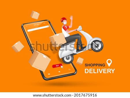 The courier is riding a motorcycle or scooter. float out of the smartphone And there are parcel boxes floating in the air around the smartphone for delivery and shopping online concept,vector 3d