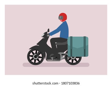 Courier riding motorcycle with side bag. Simple flat illustration