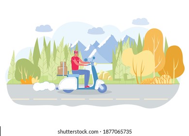 Courier Riding or Rushing on Road on Scooter with Trunk Full Boxes or Parcels Flat Cartoon Vector Illustration. Worker in Uniform Hurrying to Customers who Ordered Products. Nature Background.