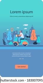 Courier riding scooter. Happy young man delivering parcel in city, carrying food, using gps navigation. Vector illustration for express delivery service, transport, shipping concept
