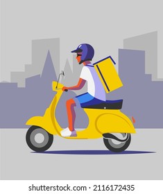 Courier riding and yellow motorbike flat vector illustration