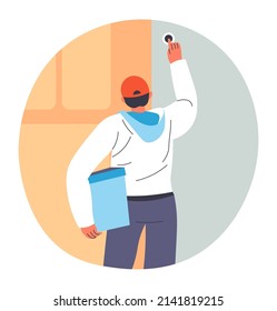 Courier rings bell delivering parcel, food or ordered goods from store. Boy with carton box in hands, shipping and logistics. Service for clients and customers. Teen occupation, vector in flat
