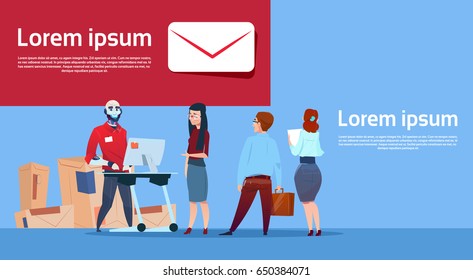 Courier Robots Serving Clients Giving Boxes Delivery Package Post Service Banner Copy Space Flat Vector Illustration