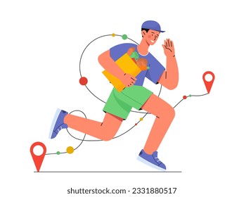 Courier running with bags concept. Fast home delivery of prdoucts and groceries. Online shopping and electronic commerce. Logistics and transportation. Cartoon flat vector illustration