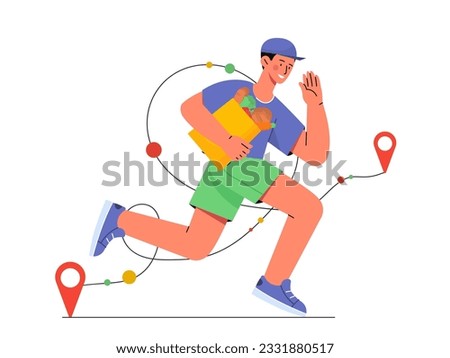 Courier running with bags concept. Fast home delivery of prdoucts and groceries. Online shopping and electronic commerce. Logistics and transportation. Cartoon flat vector illustration