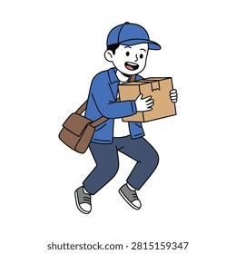 Courier running fast carrying a cardboard parcel box to deliver order quickly, flat vector illustration isolated on white background.