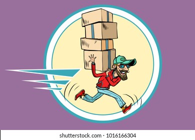 courier runs delivery. Comic book cartoon pop art retro illustration vector