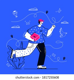 
The courier runs with the package. The guy is in a hurry to deliver the box. Vector illustration