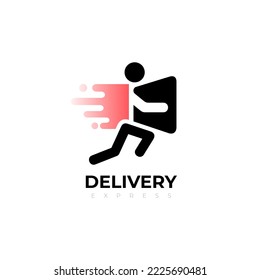 Courier runs with the parcel. The concept of fast delivery. Element of the logo. Vector illustration in a flat style