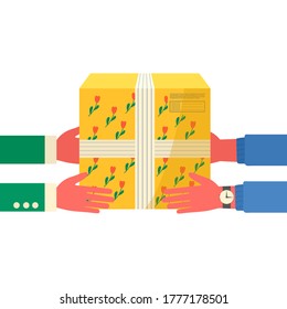 Courier with scooter holding in hand parcel ready for fast delivery to the recipient, isolated. Online delivery service concept. Vector illustration for web page with postal parcel, pack, box