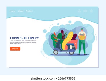 Courier with scooter holding in hand parcel ready for fast delivery to the recipient. Online delivery service concept. Vector illustration for landing page with postal parcel, pack, box