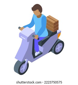Icono de ciclomotor isométrico vectorial. Entrega de alimentos. Servicio de motocicletas