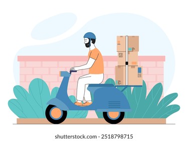 Courier at scooter. Man carries two cardboard boxes. Ecommerce and online shopping. Shipping, logistics and transportation. Linear vector illustration isolated on white background