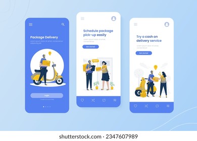 Courier sending package, delivery service application onboard screen mobile template
