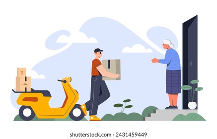 Courier service concept. Man with parcel near yellow scooter go to grandmother. Client and deliverer. Online shopping and fast home delivery. Poster or banner. Cartoon flat vector illustration