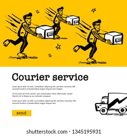 Courier service concept. Web banner with Delivery guys handing a box on yellow background. Doodle ink style vector illustration