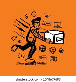 Courier service concept. Web banner with Delivery guy handing a box and delivery service related hand drawn icons on orange background. Doodle ink style vector illustration