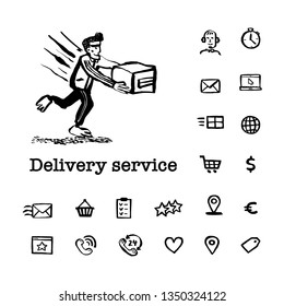 Courier service concept. Web banner with Delivery guy handing a box and delivery service related hand drawn icons on white background. Doodle ink style vector illustration.