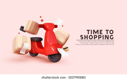 Courier service Delivery. Creative concept design. Realistic 3d scooter red color, cardboard boxes. Time to Shopping. Landing page for website. Moto scooter and goods. Vector illustration