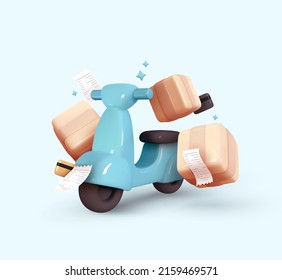 Courier service Delivery. Creative concept design. Realistic 3d scooter blue color, cardboard boxes. Time to Shopping. Landing page for website. Moto scooter and goods. Vector illustration