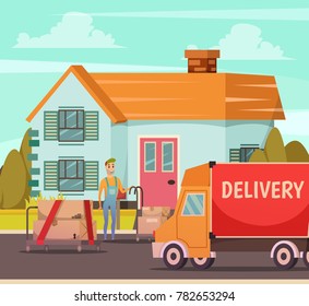 Courier service delivery moment orthogonal composition with truck and dispatcher man with parcels at door vector illustration 