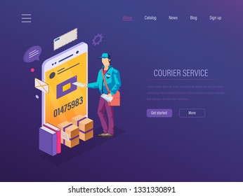 Courier service. Delivery courier, online order tracking goods. Mobile postal service application courier delivery of parcels, letters, books. Navigation route for transportation. Isometric vector.