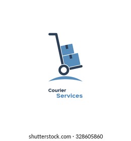 Courier services logo, hand truck with cardboard boxes silhouette