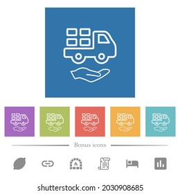 Courier services outline flat white icons in square backgrounds. 6 bonus icons included.