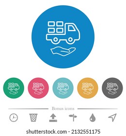 Courier services outline flat white icons on round color backgrounds. 6 bonus icons included.