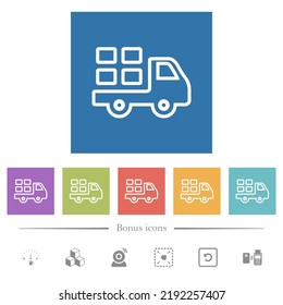 Courier services outline flat white icons in square backgrounds. 6 bonus icons included.