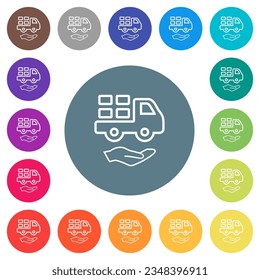 Courier services outline flat white icons on round color backgrounds. 17 background color variations are included.