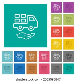 Courier services outline multi colored flat icons on plain square backgrounds. Included white and darker icon variations for hover or active effects.