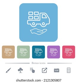Courier services outline white flat icons on color rounded square backgrounds. 6 bonus icons included