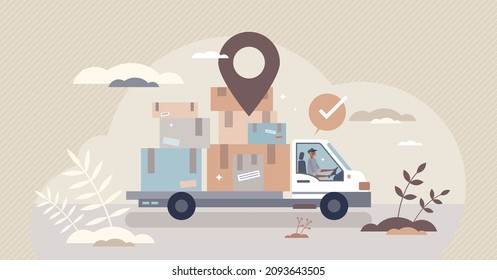 Courier services with package distribution and delivery tiny person concept. Cargo logistics company with shipment export or import vector illustration. Online order parcel transportation business.