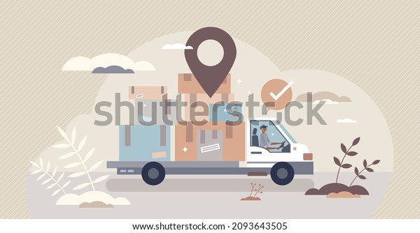 Courier services with package distribution and\
delivery tiny person concept. Cargo logistics company with shipment\
export or import vector illustration. Online order parcel\
transportation\
business.