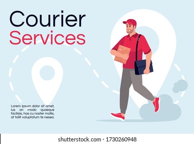 Plantilla de póster de servicios de mensajería. Entregar a un hombre con paquete. Portadora de correo. Diseño de volante comercial con ilustración semiplana. Tarjeta promocional de dibujos animados. Invitación a publicidad de empresa naviera