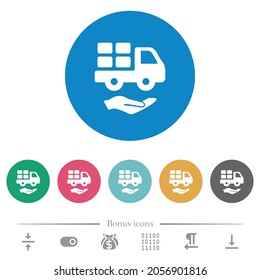 Courier services solid flat white icons on round color backgrounds. 6 bonus icons included.