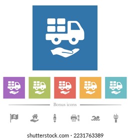 Courier services solid flat white icons in square backgrounds. 6 bonus icons included.