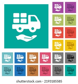 Courier services solid multi colored flat icons on plain square backgrounds. Included white and darker icon variations for hover or active effects.