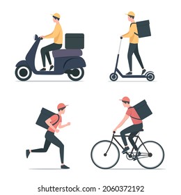 Courier set. Delivery service. Flat colored vector illustration. Isolated on white background. 