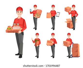 Courier, set of seven poses. Delivery service concept. Delivery man cartoon character. Vector illustration isolated on white background