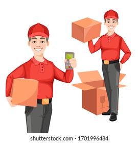 Courier, set of two poses. Delivery service concept. Delivery man cartoon character holding carton box. Vector illustration isolated on white background