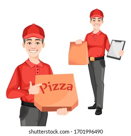 Courier, set of two poses. Delivery service concept. Delivery man cartoon character. Vector illustration isolated on white background