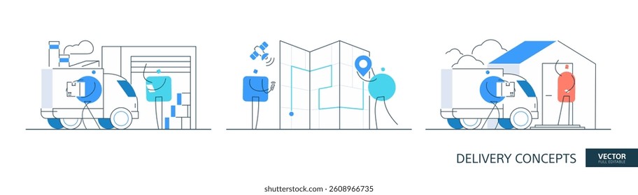 Courier shipment illustrations set in thin line style. Fast delivery abstract linear vector design concepts. Parcel transport flat icons. Tiny geometric people team.